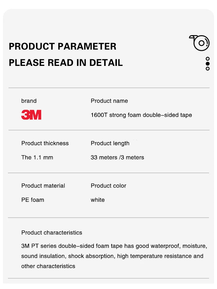 3M 10-50mm 3m White Foam Double-Sided Adhesive Strong Non-Trace Foam Tape High Temperature Resistant Double Sided Adhesive Tape