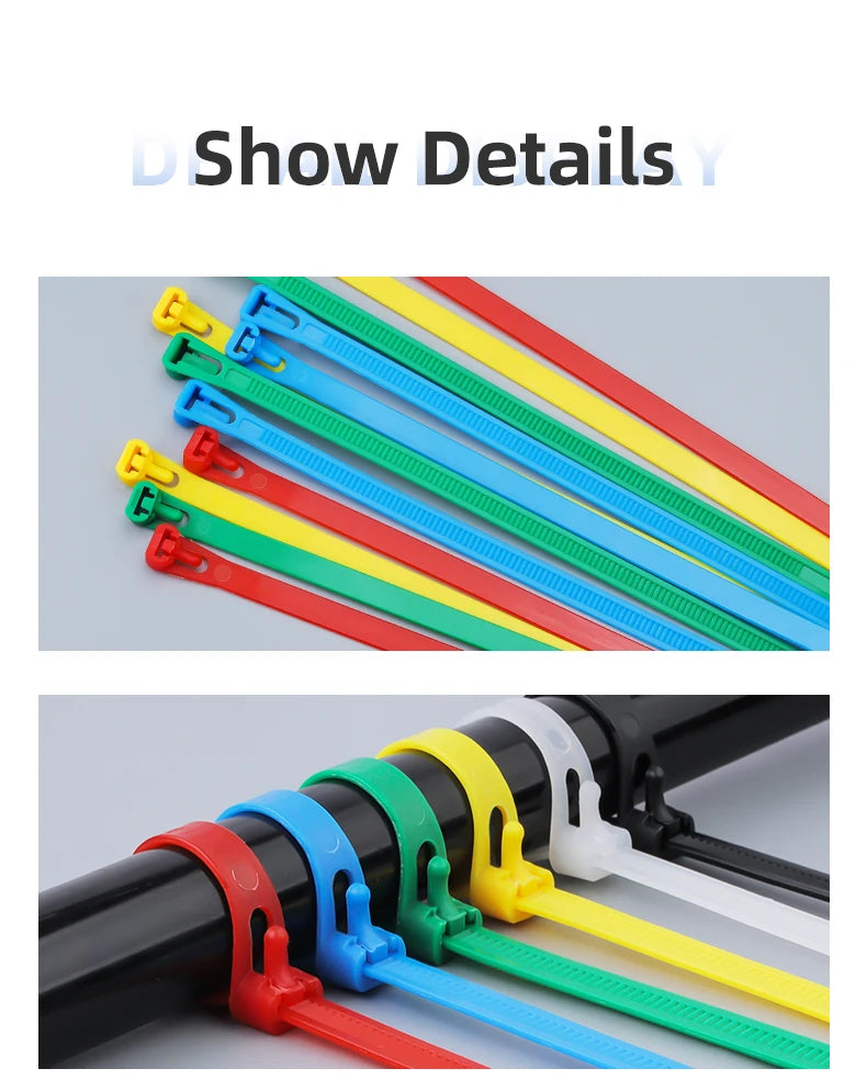 20pcs Plastic Reusable Cable Zip Ties 8*200/250/300/450 Releasable Nylon Adjust Loose Slipknot Recycle Detachable Bundle 5*200