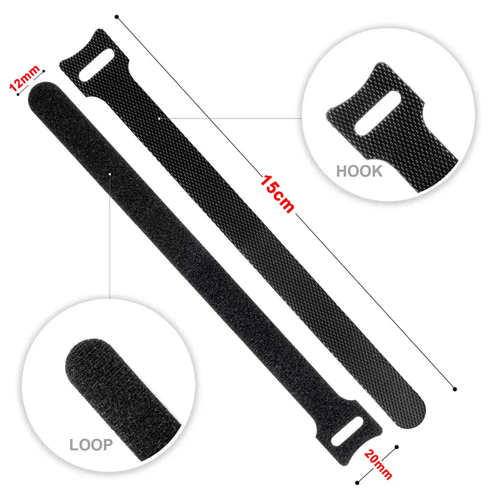 Releasable Cable Ties Black Nylon Loop and Hoop Fastener Tape Cord Straps Wire Organizer Multi-Purpose Bundling Wrap Tie
