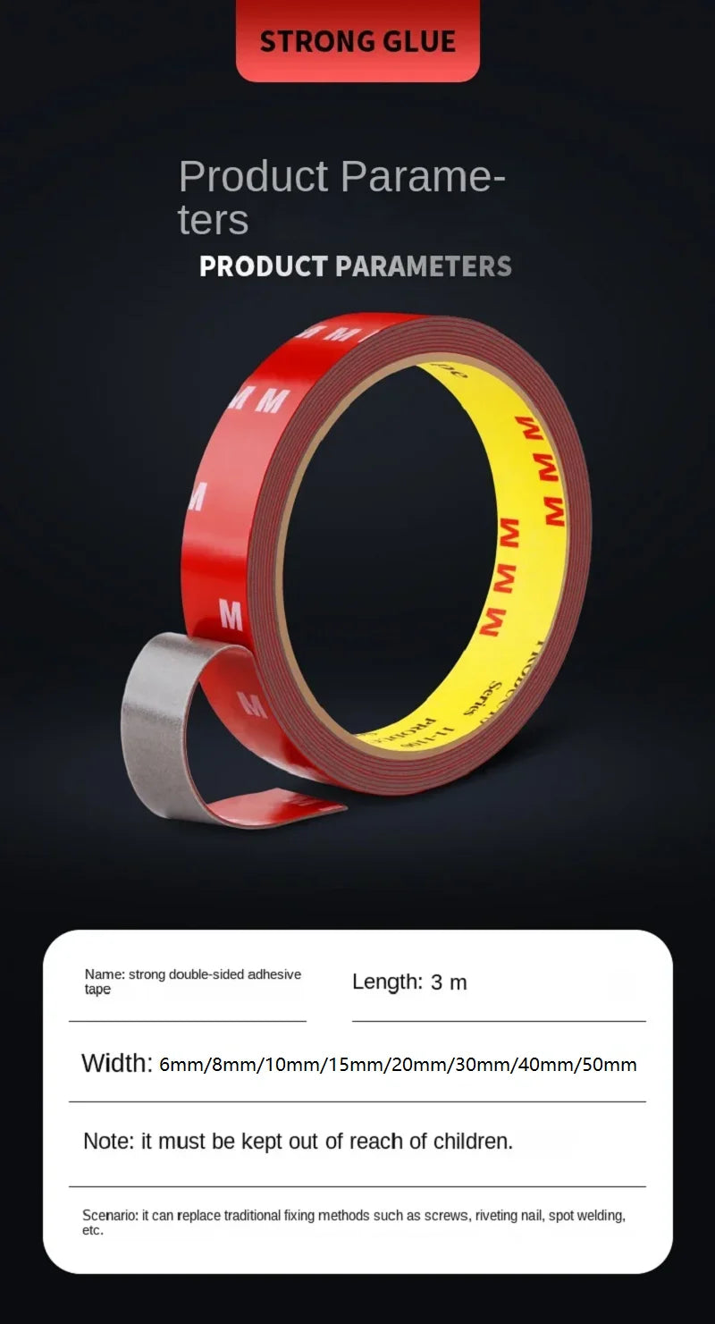3Meters Extra Strong Double Sided Tape Adhesive 0.8mm Thick For Car Industry Special High Viscosity Mounting Fixing Sticky Tape