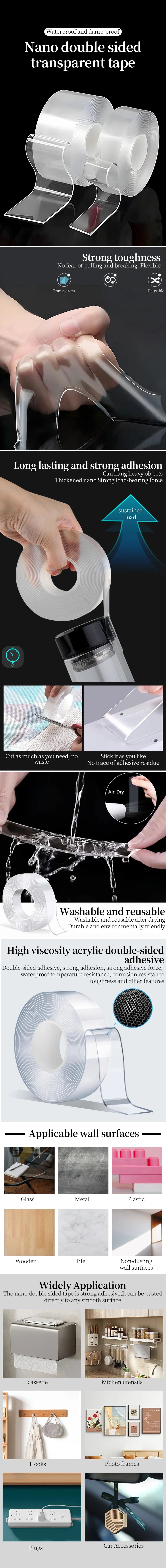 Ultra-strong Double-sided Adhesive Nano Tape Transparent Waterproof Extra Strong Sticky Strip Heavy-duty Two Side Tape