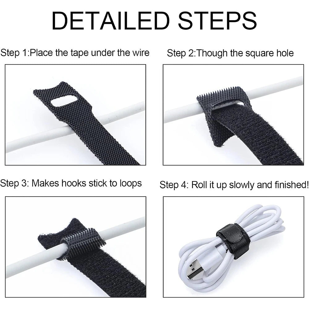 Releasable Cable Ties Black Nylon Loop and Hoop Fastener Tape Cord Straps Wire Organizer Multi-Purpose Bundling Wrap Tie