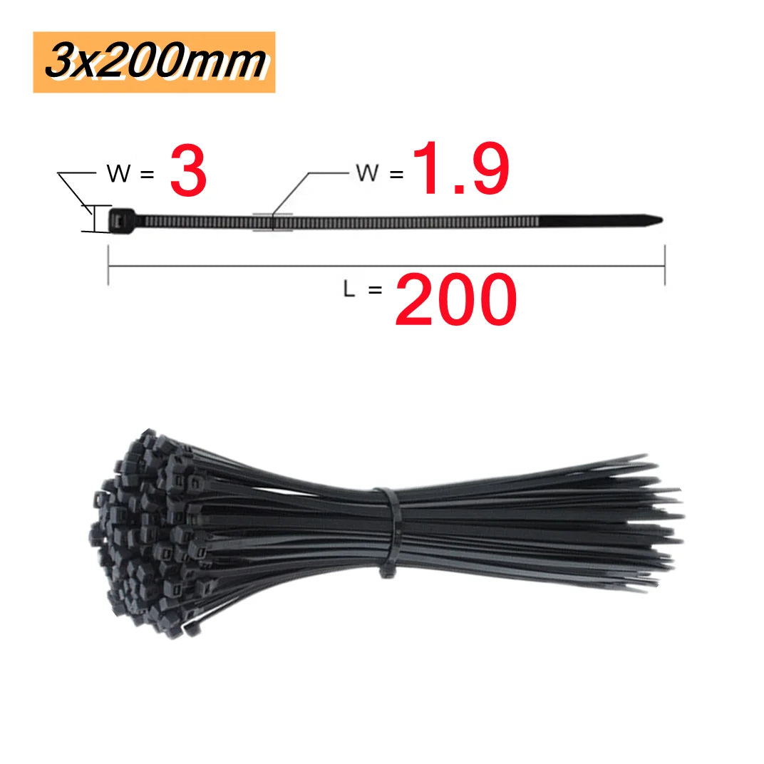 100 PCS Self-locking Plastic Nylon Tie  Black Fastening Strap Cable-Tie-Set Cable Zip Tie Fastening Ring Zip Wraps Strap Tie