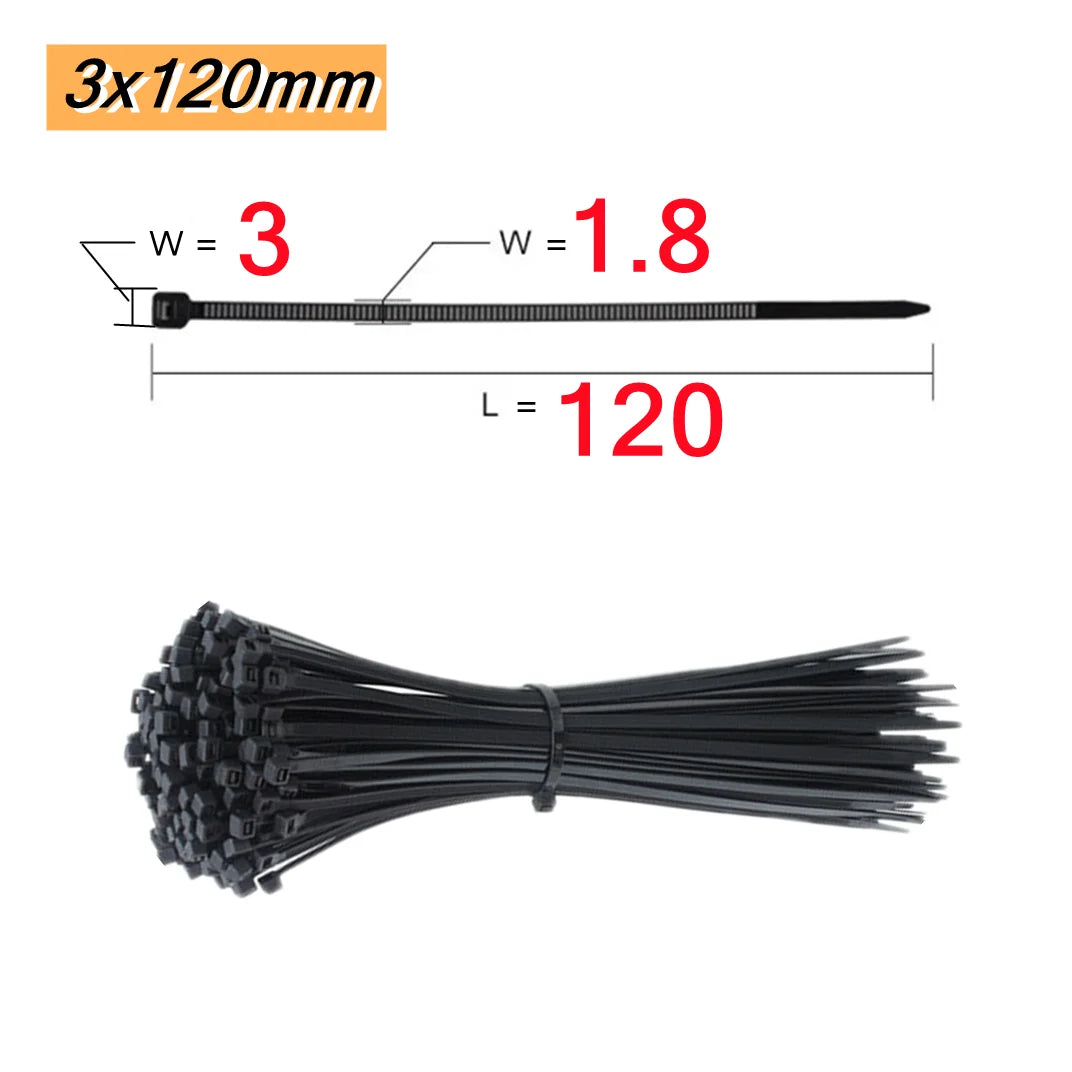 100 PCS Self-locking Plastic Nylon Tie  Black Fastening Strap Cable-Tie-Set Cable Zip Tie Fastening Ring Zip Wraps Strap Tie