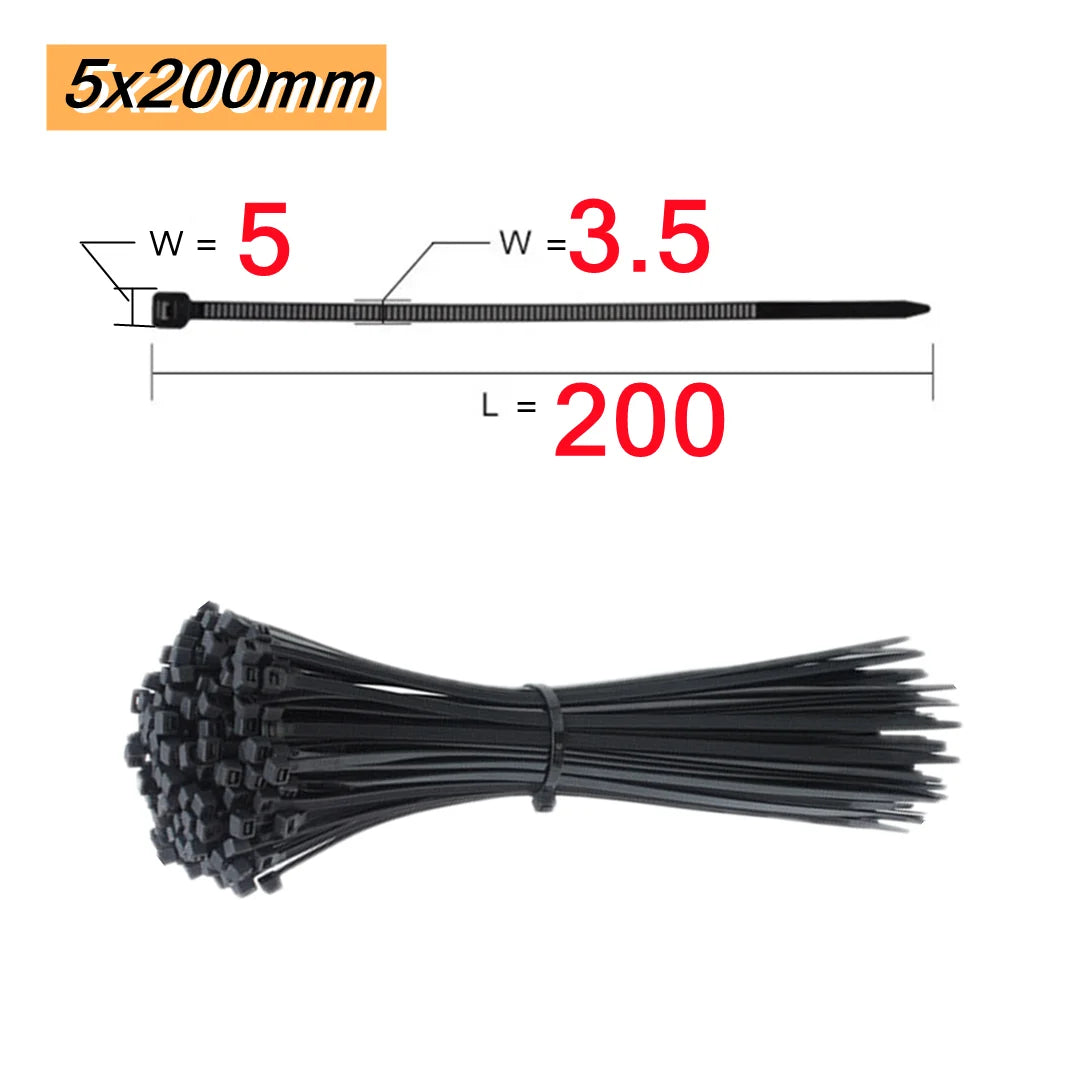 100 PCS Self-locking Plastic Nylon Tie  Black Fastening Strap Cable-Tie-Set Cable Zip Tie Fastening Ring Zip Wraps Strap Tie