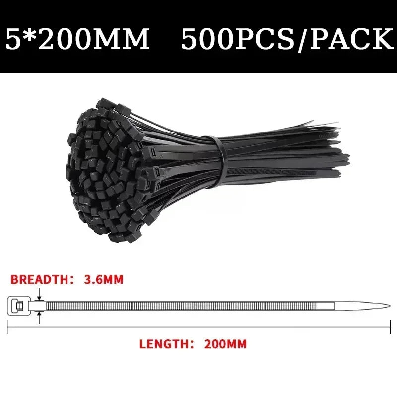 Multipack Nylon Cable Ties 200/300/500mm, Self-Locking Black Zip Ties for Home Organization, Garden, DIY Crafts - 250/500pcs/Bag
