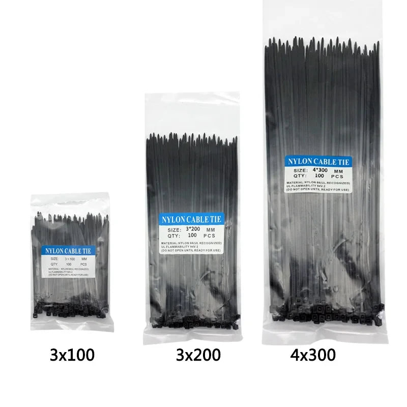 300pcs Three mode Self-Locking Plastic Nylon Wire Cable Zip Ties  Black Cable Ties Fasten Loop Cable Various specifications