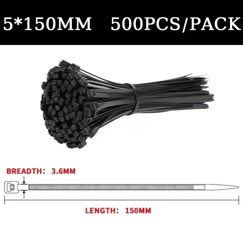 Multipack Nylon Cable Ties 200/300/500mm, Self-Locking Black Zip Ties for Home Organization, Garden, DIY Crafts - 250/500pcs/Bag
