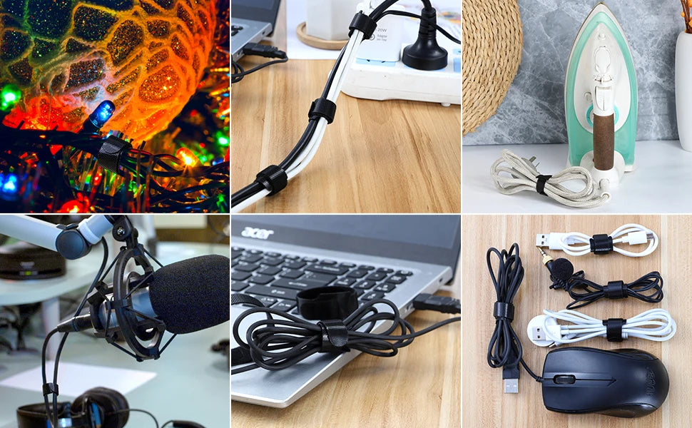 Releasable Cable Ties Black Nylon Loop and Hoop Fastener Tape Cord Straps Wire Organizer Multi-Purpose Bundling Wrap Tie