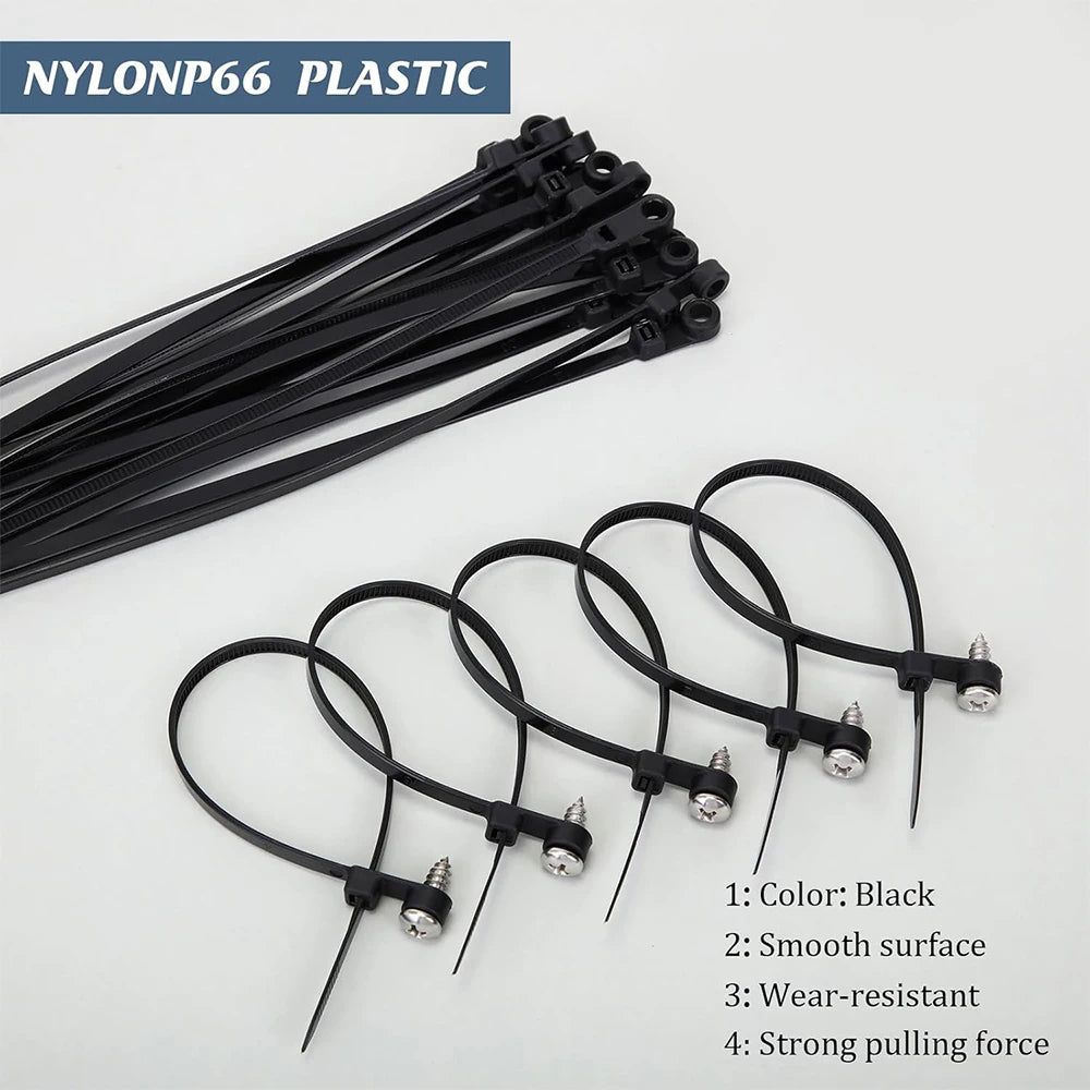 Screw Mount Cable Ties Nylon Heavy Duty Adjustable Self Locking Cord Zip Tie Screw Hole Wire Organizer Fastening Loop Straps