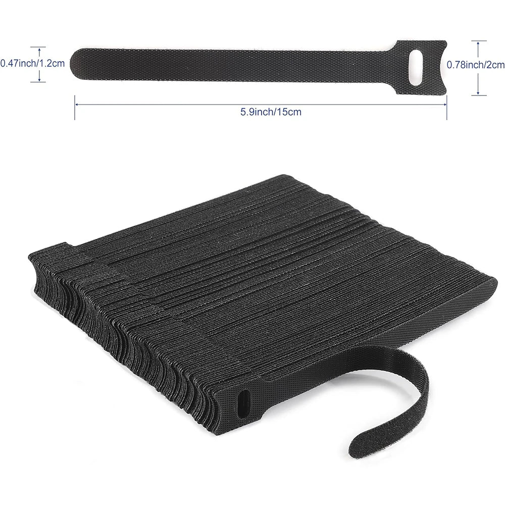 Releasable Cable Ties Black Nylon Loop and Hoop Fastener Tape Cord Straps Wire Organizer Multi-Purpose Bundling Wrap Tie