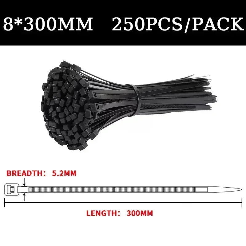 Multipack Nylon Cable Ties 200/300/500mm, Self-Locking Black Zip Ties for Home Organization, Garden, DIY Crafts - 250/500pcs/Bag