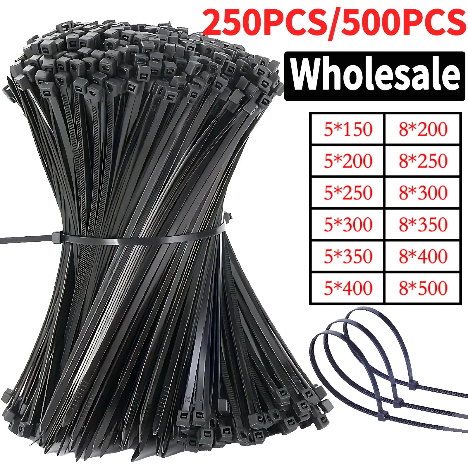 Bulk Self-Locking Nylon Cable Ties 5x200mm 500mm Black | Heavy Duty Weatherproof Zip Ties for Home/Factory Use