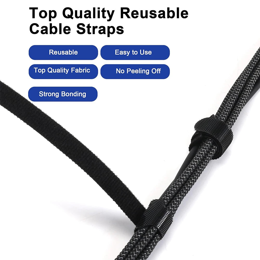 Releasable Cable Ties Black Nylon Loop and Hoop Fastener Tape Cord Straps Wire Organizer Multi-Purpose Bundling Wrap Tie