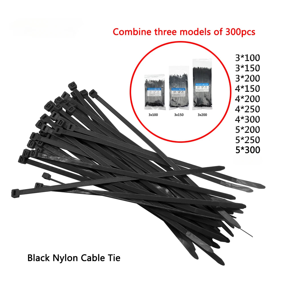 300pcs Three mode Self-Locking Plastic Nylon Wire Cable Zip Ties  Black Cable Ties Fasten Loop Cable Various specifications