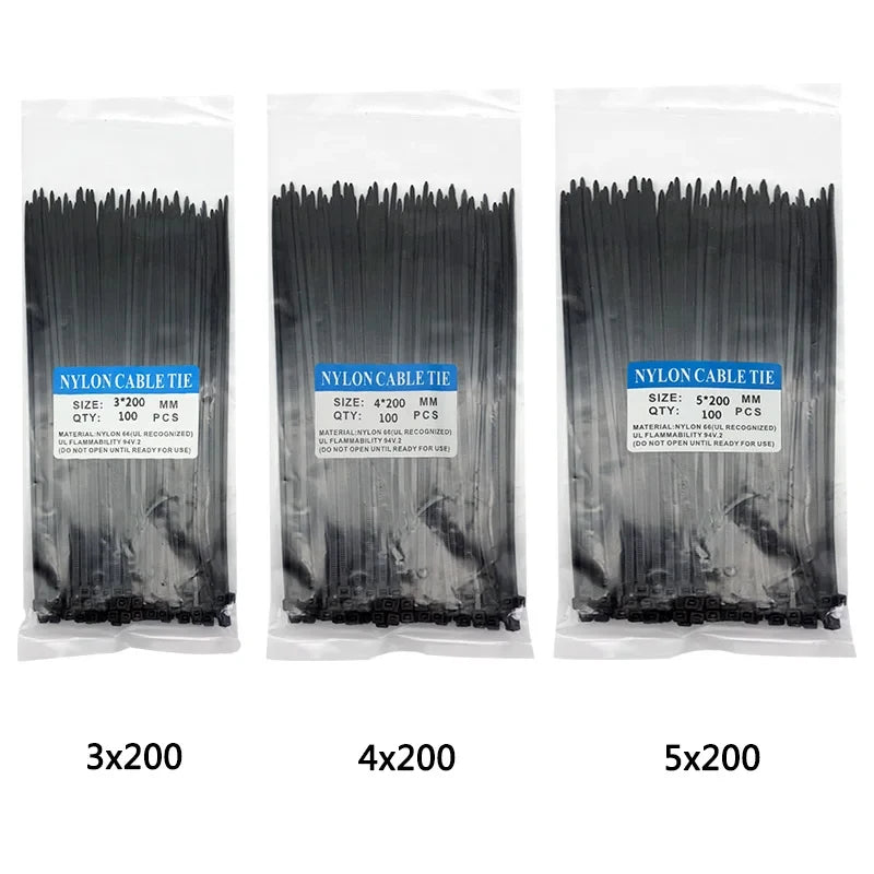 300pcs Three mode Self-Locking Plastic Nylon Wire Cable Zip Ties  Black Cable Ties Fasten Loop Cable Various specifications