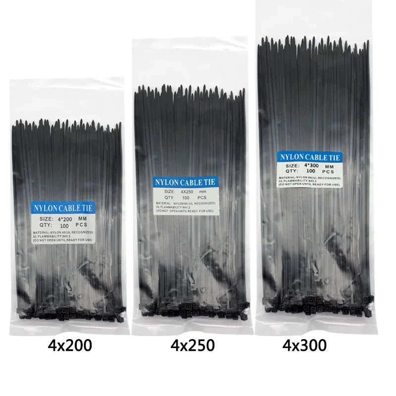 300pcs Three mode Self-Locking Plastic Nylon Wire Cable Zip Ties  Black Cable Ties Fasten Loop Cable Various specifications