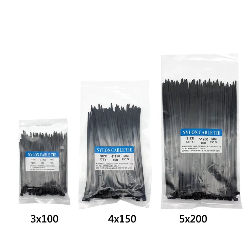 300pcs Three mode Self-Locking Plastic Nylon Wire Cable Zip Ties  Black Cable Ties Fasten Loop Cable Various specifications