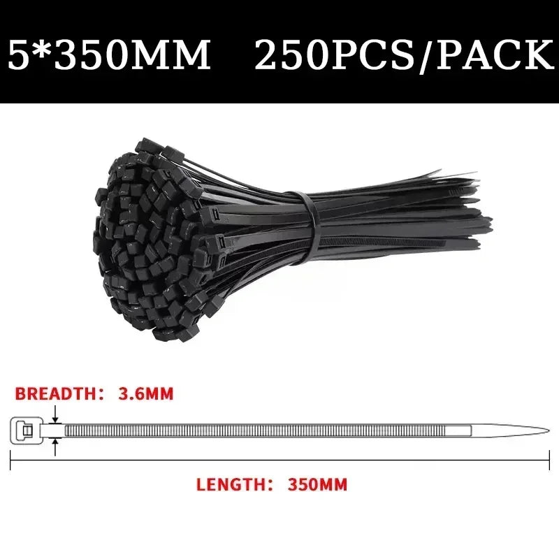 Multipack Nylon Cable Ties 200/300/500mm, Self-Locking Black Zip Ties for Home Organization, Garden, DIY Crafts - 250/500pcs/Bag