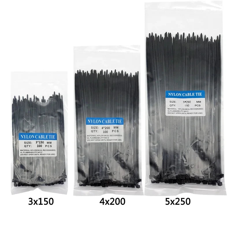 300pcs Three mode Self-Locking Plastic Nylon Wire Cable Zip Ties  Black Cable Ties Fasten Loop Cable Various specifications
