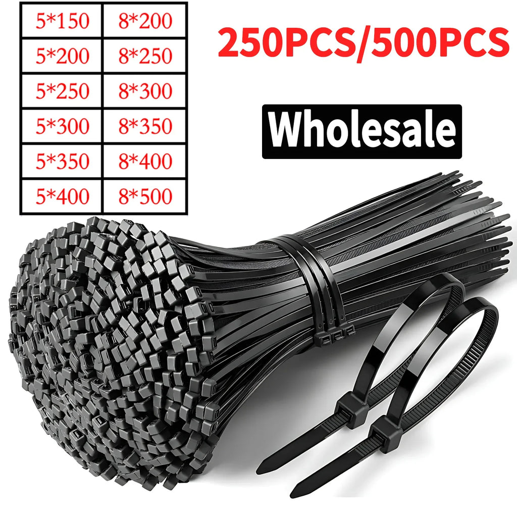 Multipack Nylon Cable Ties 200/300/500mm, Self-Locking Black Zip Ties for Home Organization, Garden, DIY Crafts - 250/500pcs/Bag