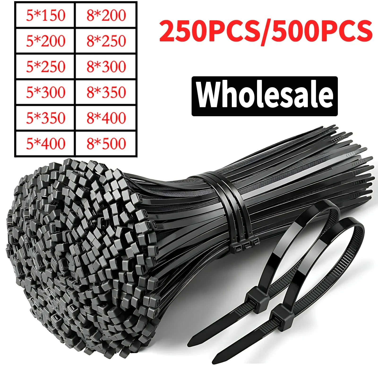 Multipack Nylon Cable Ties 200/300/500mm, Self-Locking Black Zip Ties for Home Organization, Garden, DIY Crafts - 250/500pcs/Bag