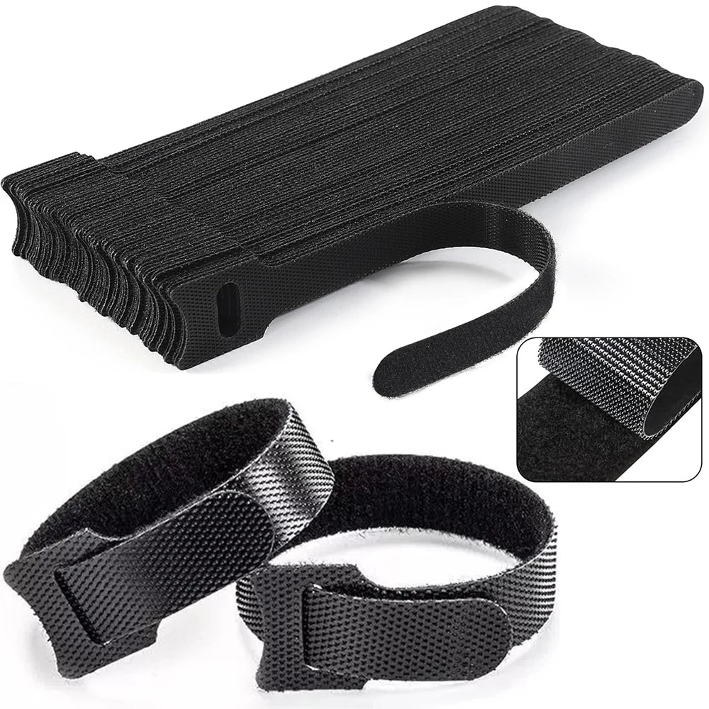 Releasable Cable Ties Black Nylon Loop and Hoop Fastener Tape Cord Straps Wire Organizer Multi-Purpose Bundling Wrap Tie