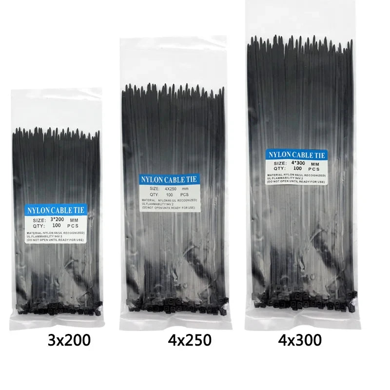 300pcs Three mode Self-Locking Plastic Nylon Wire Cable Zip Ties  Black Cable Ties Fasten Loop Cable Various specifications