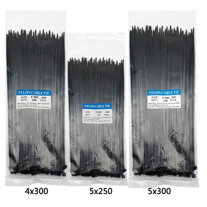300pcs Three mode Self-Locking Plastic Nylon Wire Cable Zip Ties  Black Cable Ties Fasten Loop Cable Various specifications