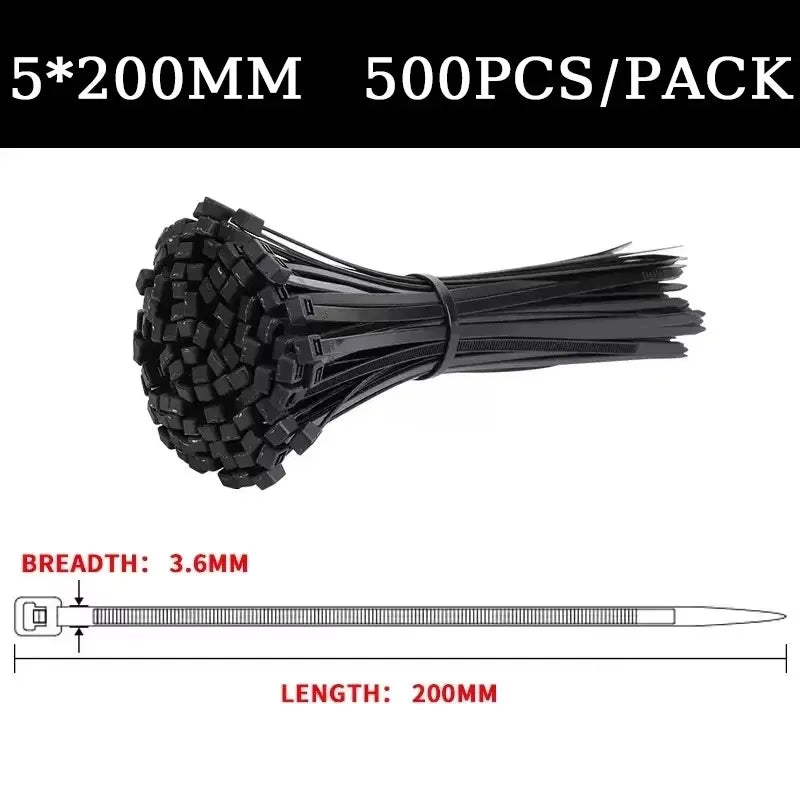 Bulk Self-Locking Nylon Cable Ties 5x200mm 500mm Black | Heavy Duty Weatherproof Zip Ties for Home/Factory Use