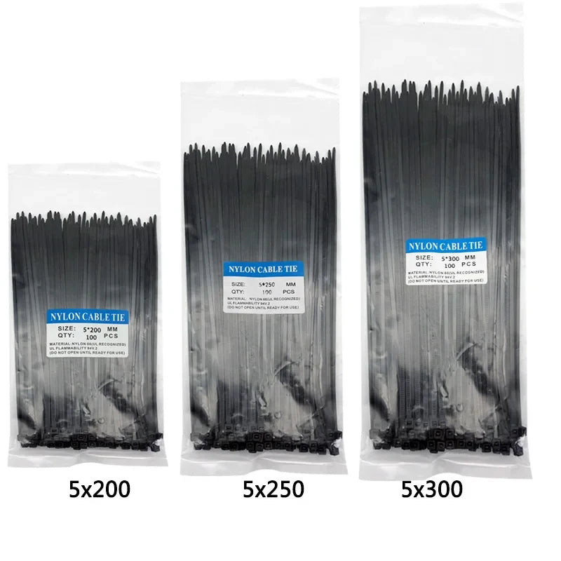 300pcs Three mode Self-Locking Plastic Nylon Wire Cable Zip Ties  Black Cable Ties Fasten Loop Cable Various specifications