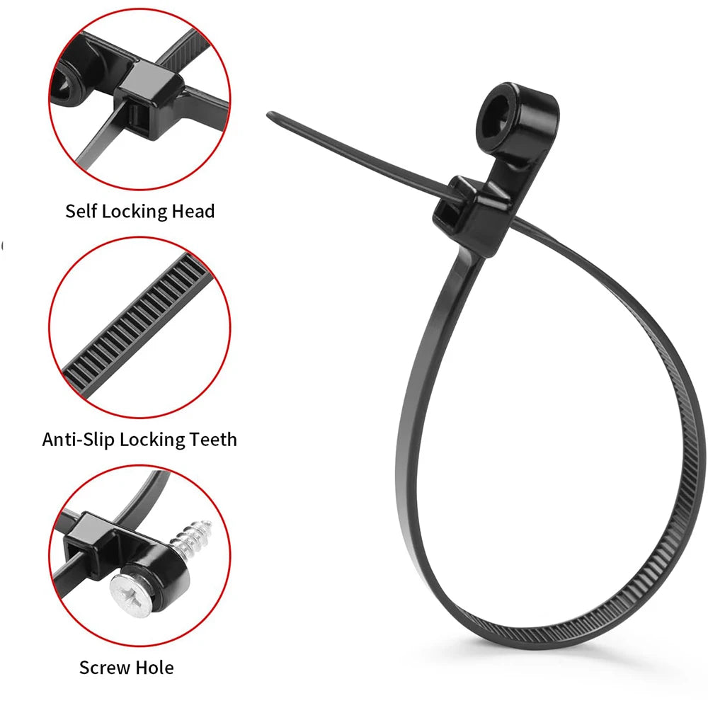 Screw Mount Cable Ties Nylon Heavy Duty Adjustable Self Locking Cord Zip Tie Screw Hole Wire Organizer Fastening Loop Straps